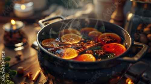 Festive Mulled Wine Simmering in Pot with Citrus and Spices