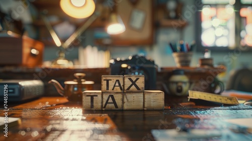 Conceptual Tax Theme with Wooden Blocks Spelling TAX on a Vintage Desk