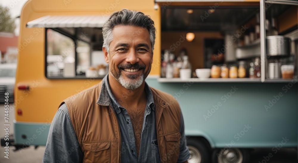 Happy western male business owner posing near her food truck Happy western male business owner posing near her food truck