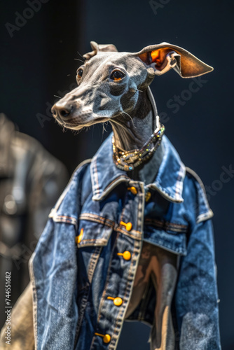 Funny greyhound dog parading on a fashion catwalk
