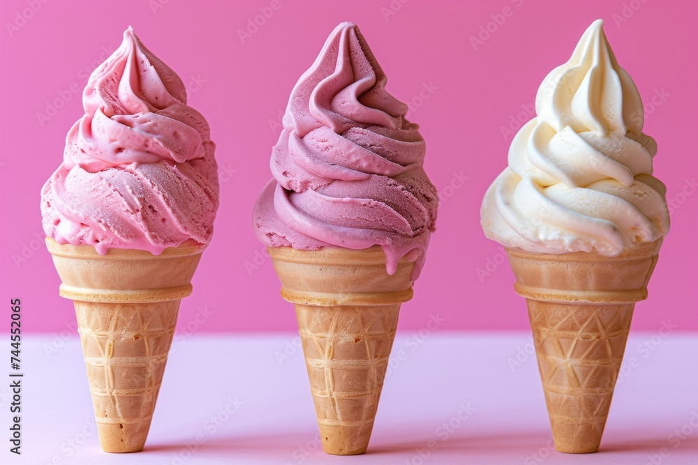 Ice cream cones in vanilla and strawberry flavors are perfectly swirled against a vibrant pink background Ice cream cones in vanilla and strawberry flavors are perfectly swirled against a vibrant pink background