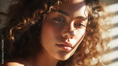 Close-up of the face of a beautiful young brunette woman. Light color palette. Natural beauty concept. Generative AI