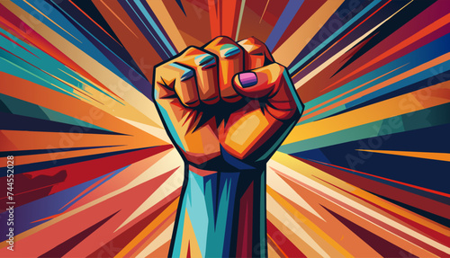 A raised fist composed of colorful brushstrokes, each stroke representing a unique woman happy women day