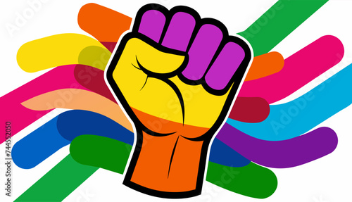 A raised fist composed of colorful brushstrokes, each stroke representing a unique woman happy women day