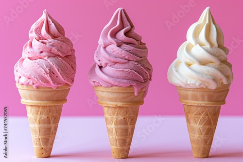 Ice cream cones in vanilla and strawberry flavors are perfectly swirled against a vibrant pink background