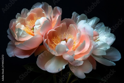 Blooming peonies with a mix of pink and white petals against a dark background.