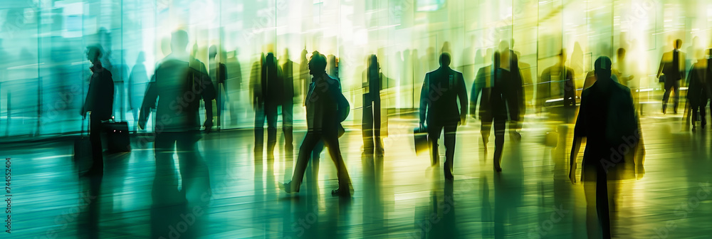 Obraz premium Blurred business people in hall of a business center at trade fair, blurry shot, motion speed blur. Generative AI