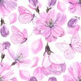Watercolour Sakura spring flowers illustration seamless pattern. Butterflies with pink wings. Seasonal Cherry blossom. On white background. Hand-painted. Botanical Floral elements. For print, wrapping