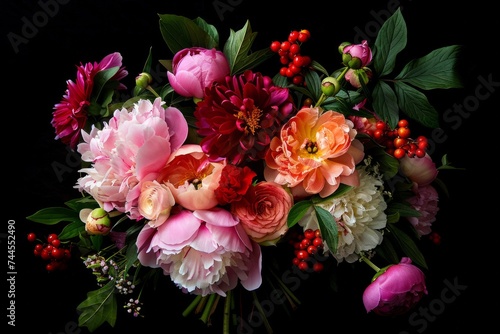 Vibrant bouquet of mixed flowers featuring peonies and berries on a dark background. © ParinApril