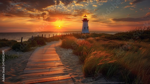 Breathtaking allure of lighthouse at sunset, a beacon of serenity against the backdrop of coastal landscape. 