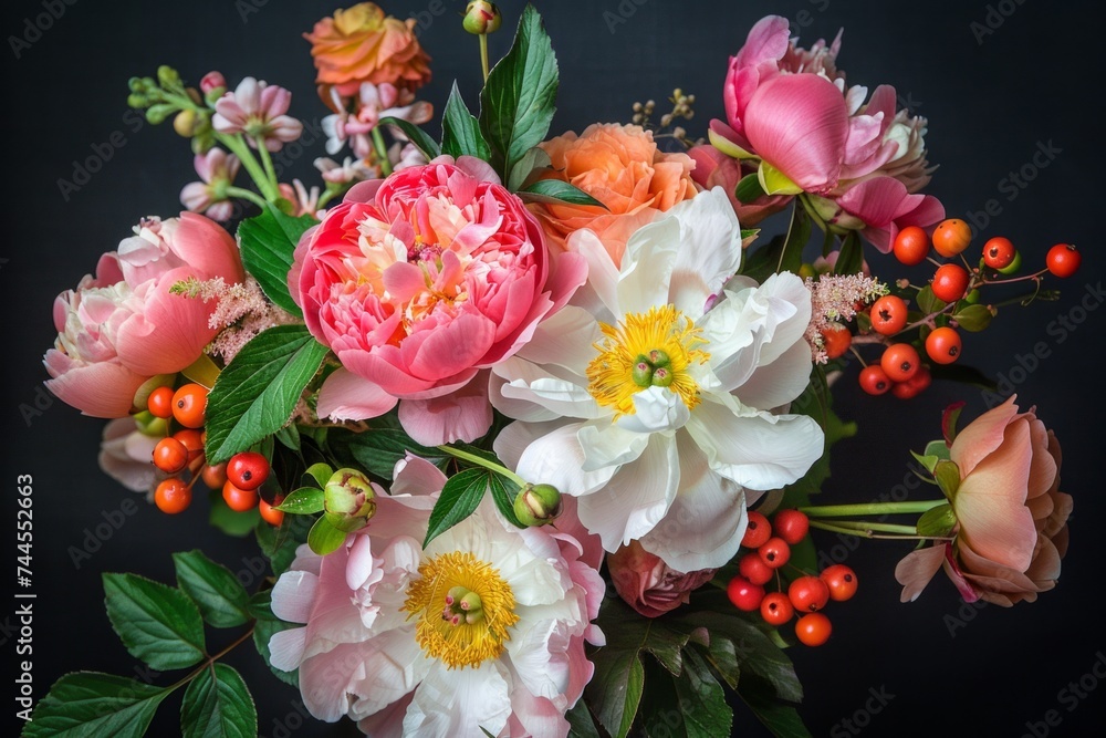 Vibrant bouquet of mixed flowers featuring peonies and berries on a dark background.