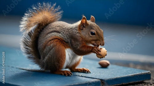 A small brown squirrel is sitting on a blue surface, eating nuts off of it. The squirrel has a large bushy tail and is holding the nut in its mouth while enjoying the snack. © nasr