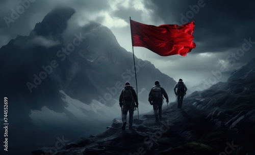 Two mountain climbers with a large red flag during a storm in the mountains.