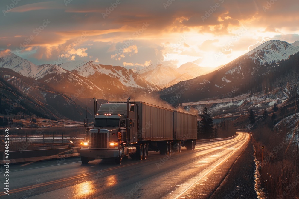 A semi truck driving on a highway at sunset with mountains in the background.