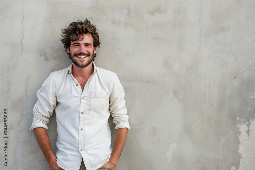 Casual Young Man Smiling Against a Textured Grey Wall, with Ample Copy Space Casual Young Man Smiling Against a Textured Grey Wall, with Ample Copy Space