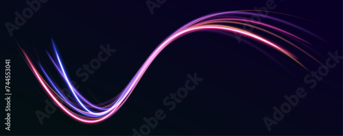 Neon color glowing lines background, high-speed light trails effect. Expressway, the effect of car headlights. Low-poly construction of fine lines. Sport car is made of polygons.