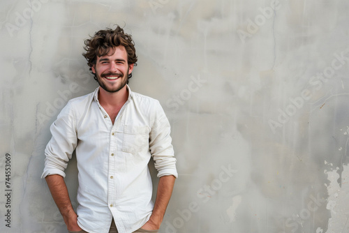 Casual Young Man Smiling Against a Textured Grey Wall, with Ample Copy Space © Alienmonster Images