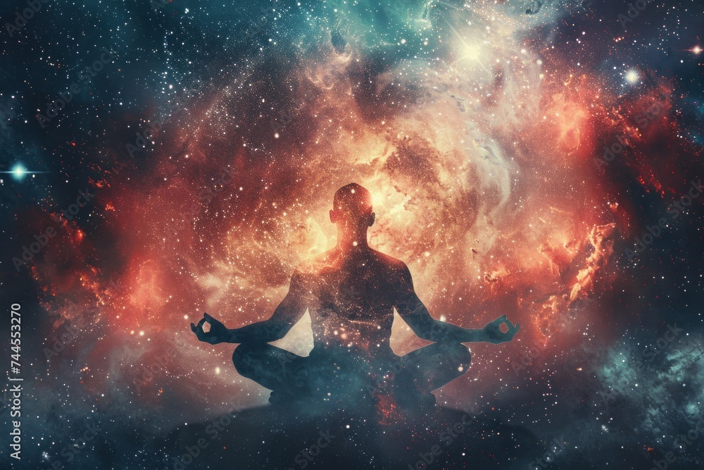A figure in a meditative pose with a cosmic background, radiating energy and light.