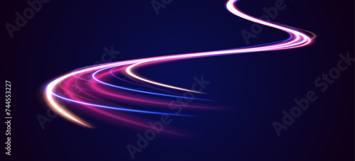 Light and stripes moving fast over dark background. Concept of leading in business, Hi tech products, warp speed wormhole science vector design. Abstract neon light rays background. 