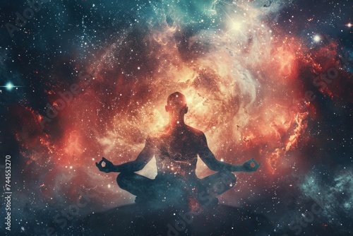 A figure in a meditative pose with a cosmic background, radiating energy and light. © ParinApril