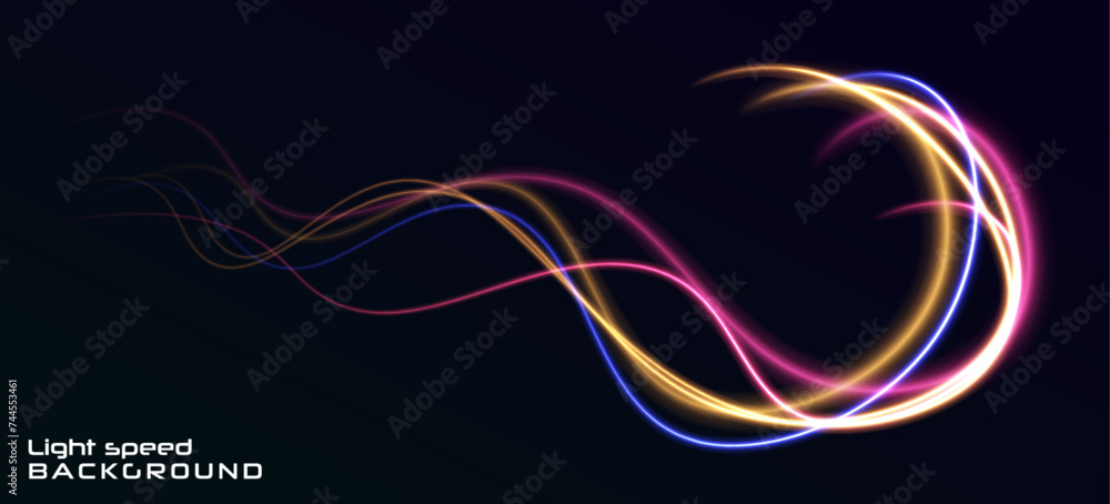 Light and stripes moving fast over dark background. Concept of leading in business, Hi tech products, warp speed wormhole science vector design. Abstract neon light rays background. Light and stripes moving fast over dark background. Concept of leading in business, Hi tech products, warp speed wormhole science vector design. Abstract neon light rays background.