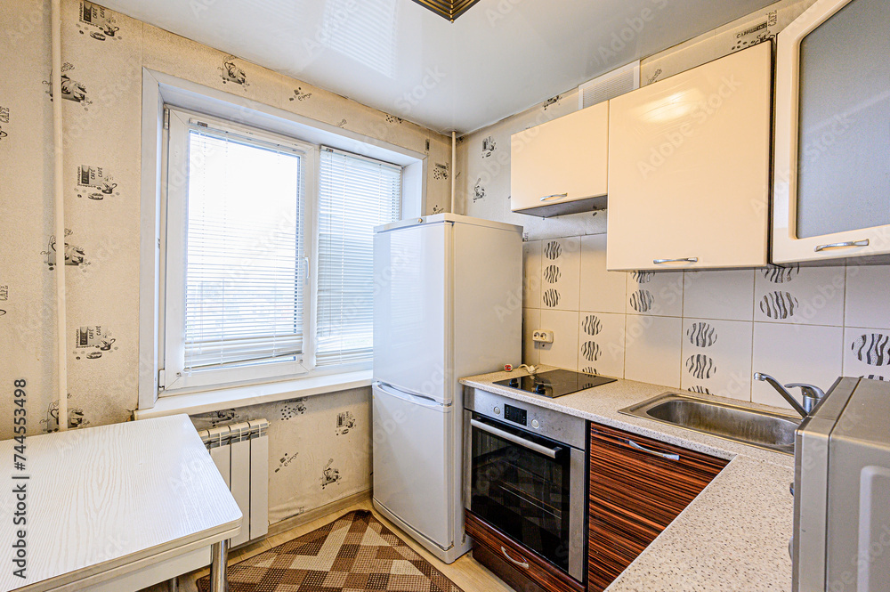 Fototapeta premium interior kitchen and dining room, refectory area, cooking equipment, table furniture, stove