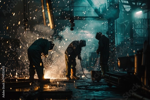 Workers welding in an industrial environment with dramatic lighting and sparks.