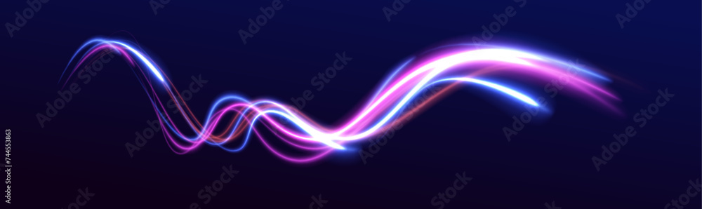 Glitter sparkle star trail, light effect, abstract waves flow vector illustration. Vector image of colorful light trails with motion blur effect, long time exposure isolated on background.	