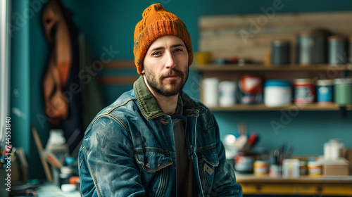 Worker with a beanie hat sitting at craft workshop background, american urban life, warm tones, vibrant, craftsmanship, handmade, small business