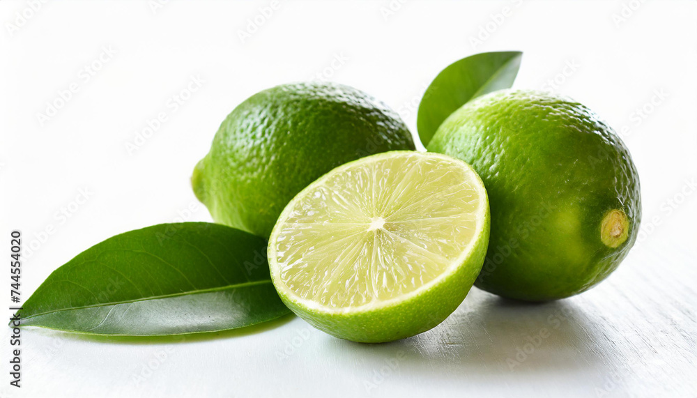 Fresh lime fruits with the peel and leaves on a white background Fresh lime fruits with the peel and leaves on a white background