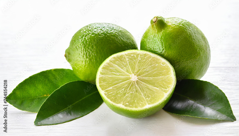 Fresh lime fruits with the peel and leaves on a white background Fresh lime fruits with the peel and leaves on a white background
