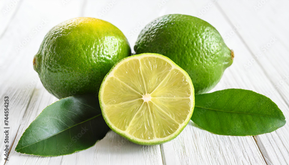 Fresh lime fruits with the peel and leaves on a white background Fresh lime fruits with the peel and leaves on a white background