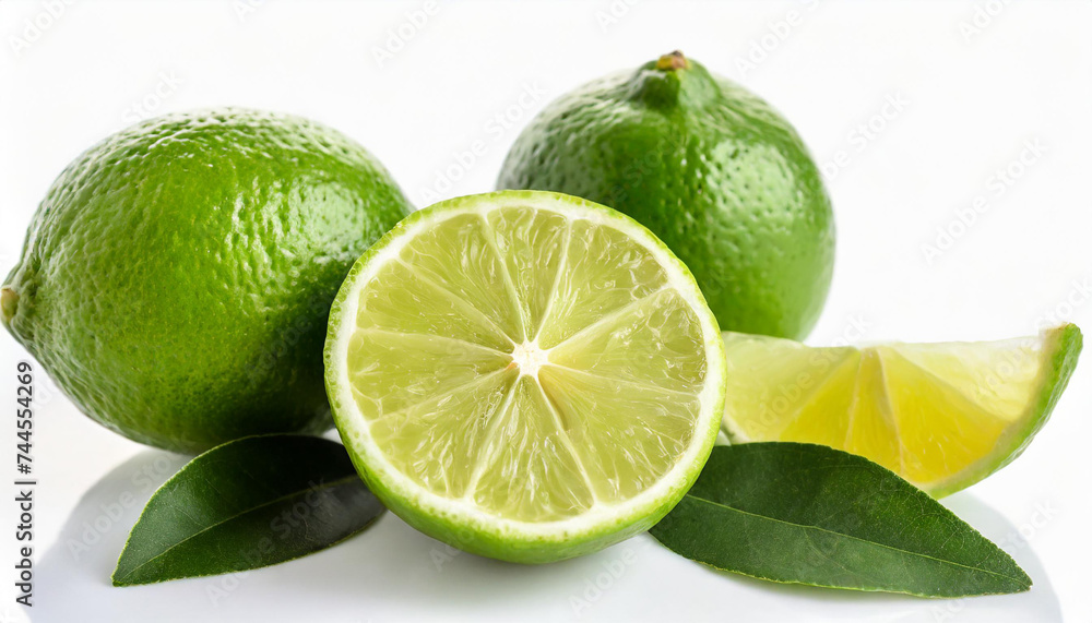 Fresh lime fruits with the peel and leaves on a white background Fresh lime fruits with the peel and leaves on a white background