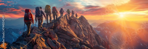 A group of mountain climbers at the mountain top against the backdrop of a scenic landscape.