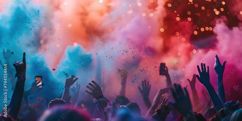 Obraz premium Crowd celebrating with vibrant color powder at Holi festival, summer party or music festival