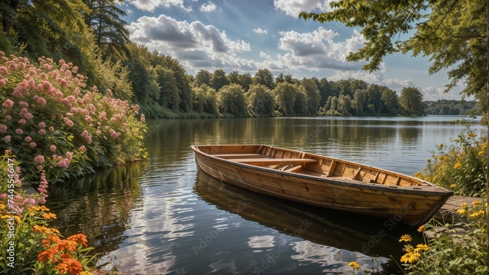 A wooden boat on a lake in the park. Summer landscape. Nature backgrounds