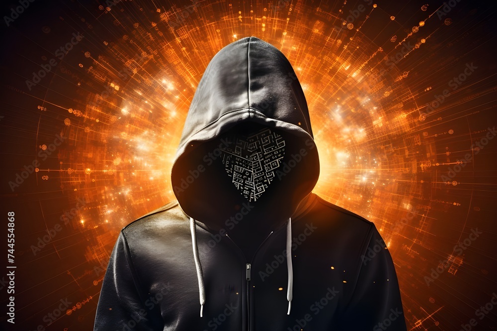 Mysterious hooded figure with a skull face surrounded by orange smoke on a dark background, concept of horror and fantasy.
Mysterious hooded figure with a skull face surrounded by orange smoke on a dark background, concept of horror and fantasy.