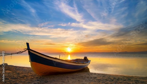 a boat on the beach with sunrise and beautiful sky for nature  tranquility  relaxation