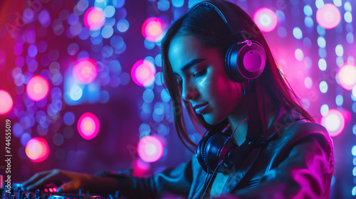 A dynamic commercial-style portrait of a woman DJ at a club with vibrant lights and energy surrounding her.