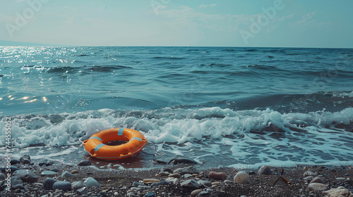 Orange lifebelt in plastic by the sea.
