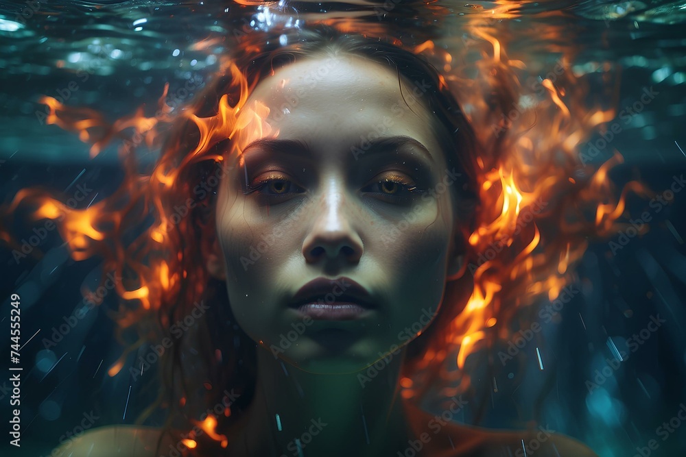 Fire under the water: Underwater Portrait of a Woman Amid Mental Firestorm, Symbolizing Inner Pressure