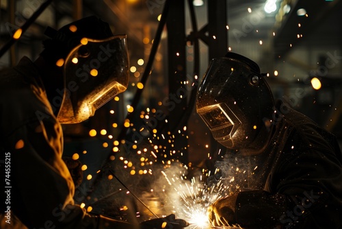 Workers welding in an industrial environment with sparks flying