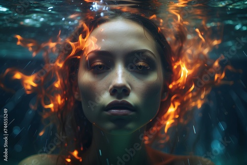 Fire under the water  Underwater Portrait of a Woman Amid Mental Firestorm  Symbolizing Inner Pressure