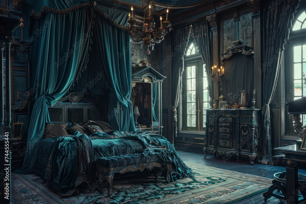Hauntingly beautiful Gothic bedroom draped in rich fabrics and adorned with antique furniture.