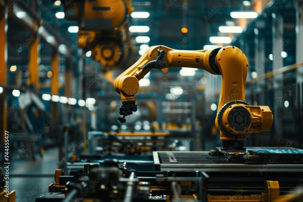 Industrial robot arm in a manufacturing plant Industrial robot arm in a manufacturing plant