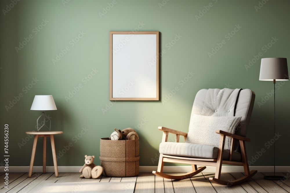 Cozy nursery with wooden furniture and a green background wall.