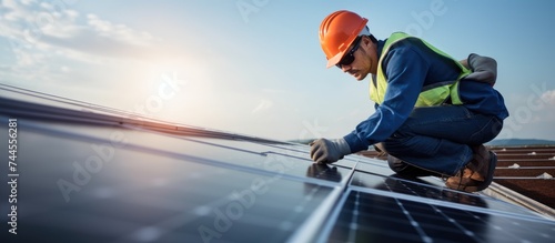 Technician in industry uniform repairing solar panel at solar power plant.