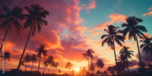 Vibrant vintage-inspired artwork showcasing a tropical landscape with palm trees and bold hues. Concept Vintage Artwork, Tropical Landscape, Palm Trees, Bold Hues