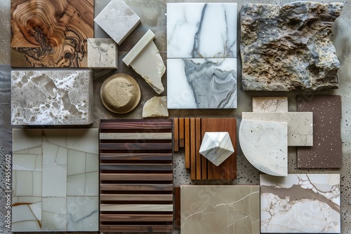 interior design material sample moodboard with luxury surfaces like marble and wood photo