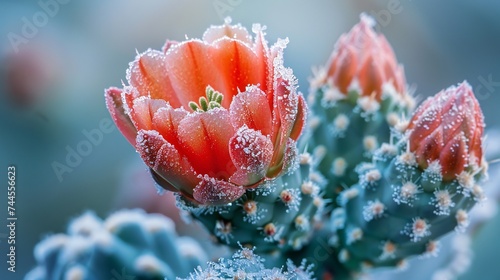 Icy Cacti Bloom  Macro photography captures the cactus flower frozen in time  reflecting the chill of winter.